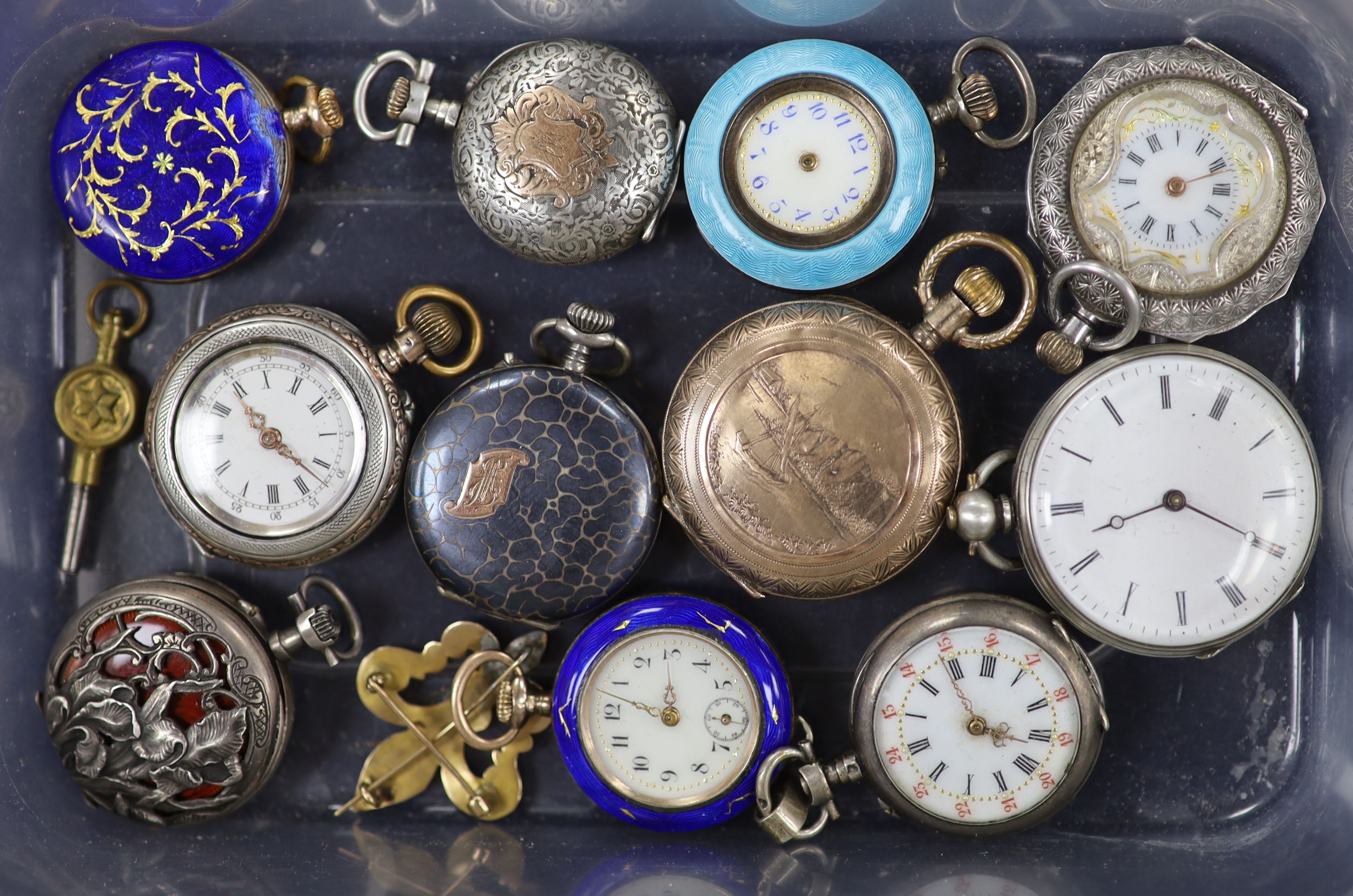 Eleven assorted mainly fob watches, including German 800 standard and enamel and silver and enamel